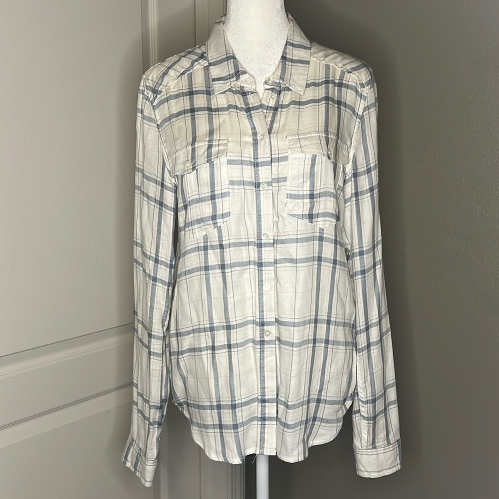 Paige Plaid Button Down Shirt Size Small Wht/Blue/Tan